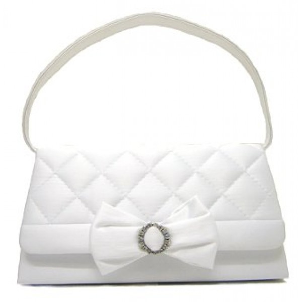 Evening Bag - Satin Quilted w/ Bow - White - BG-38228WT